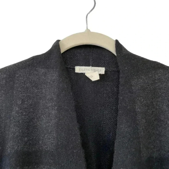 Eileen Fisher Dark Gray Knit Cardigan Sweater Size Small Open Front Windowpane - Picture 3 of 9